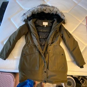 BCBG *brand new* olive green faux fur trim hooded puffer jacket.